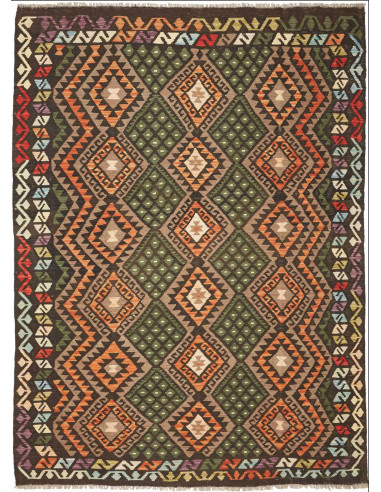 Kilim Pakistan verde oliva scuro e argento 207x284