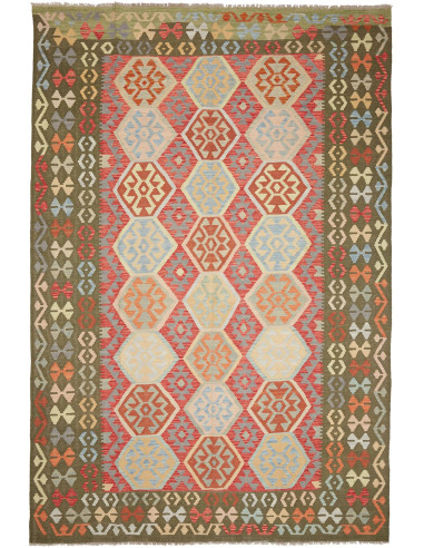 Kilim Pakistan marrone rosato e verde oliva scuro 198x302