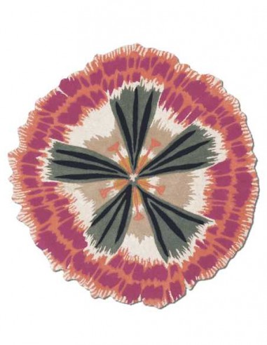Missoni Botanica T03 salmon round rug (110x110 cm) featuring a vibrant floral design with green, black, salmon, and red accents.