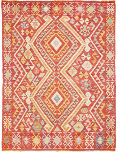 Kilim Pakistan rosso indiano e legno robusto 151x197
